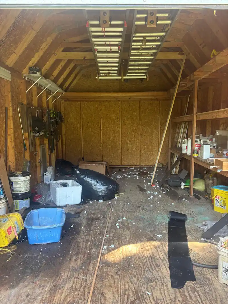 Interior of a cluttered New Jersey storage shed filled with ladders and debris before being hauled away by JunkDoctors.