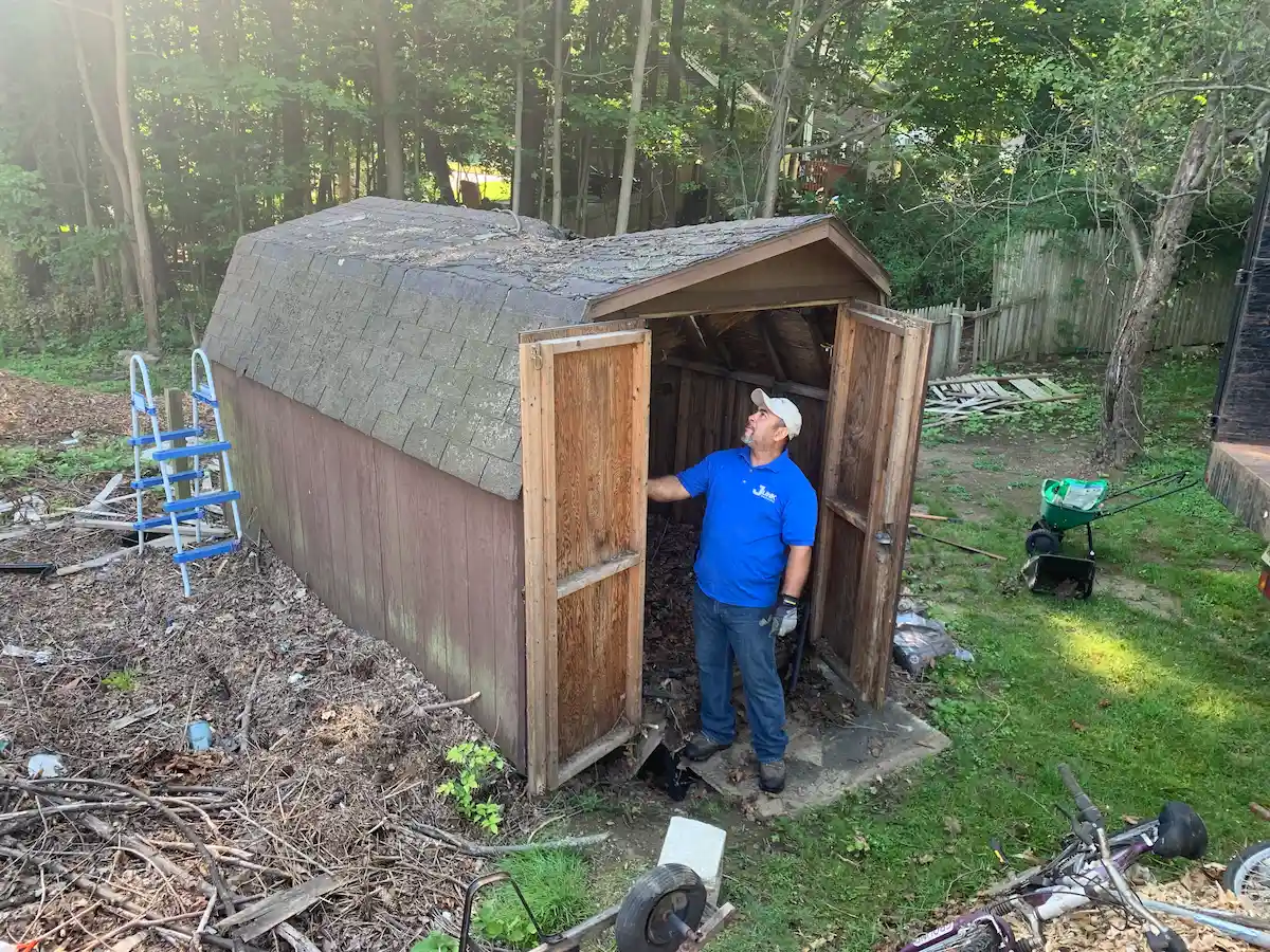 A JunkDoctors professional inspecting a standard wooden 8 by 10 backyard shed with a sagging roof before demolition in New Jersey.